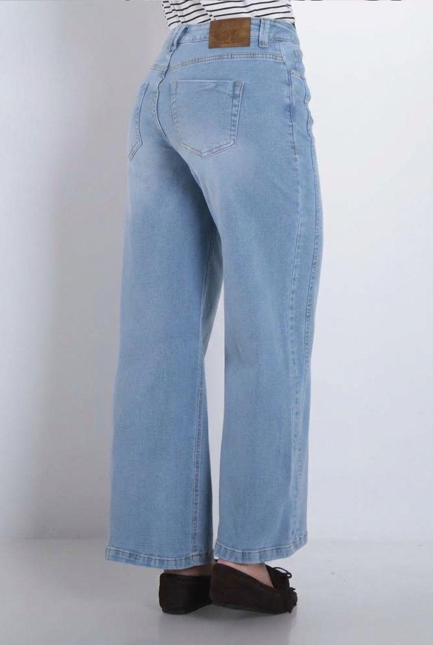 Jeans Wide Leg Tiro Alto Pretina Basica 1 Boton-6