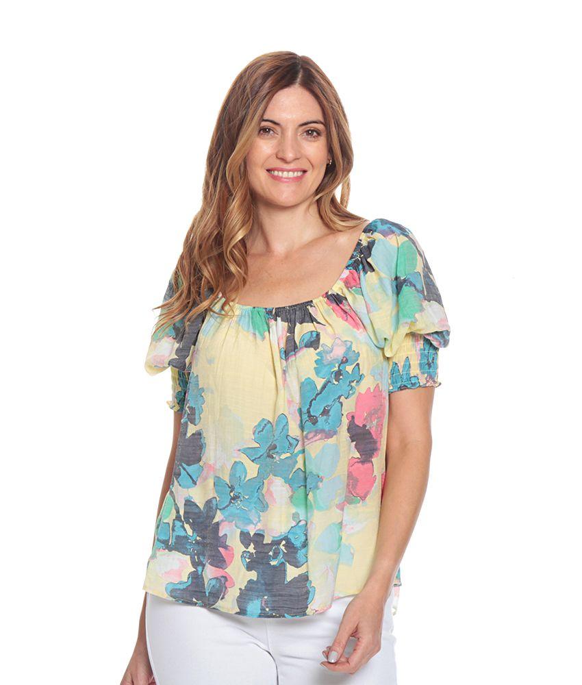 Blusa Manga 3/4 Con Elastico Estampada Escote Redondo-0