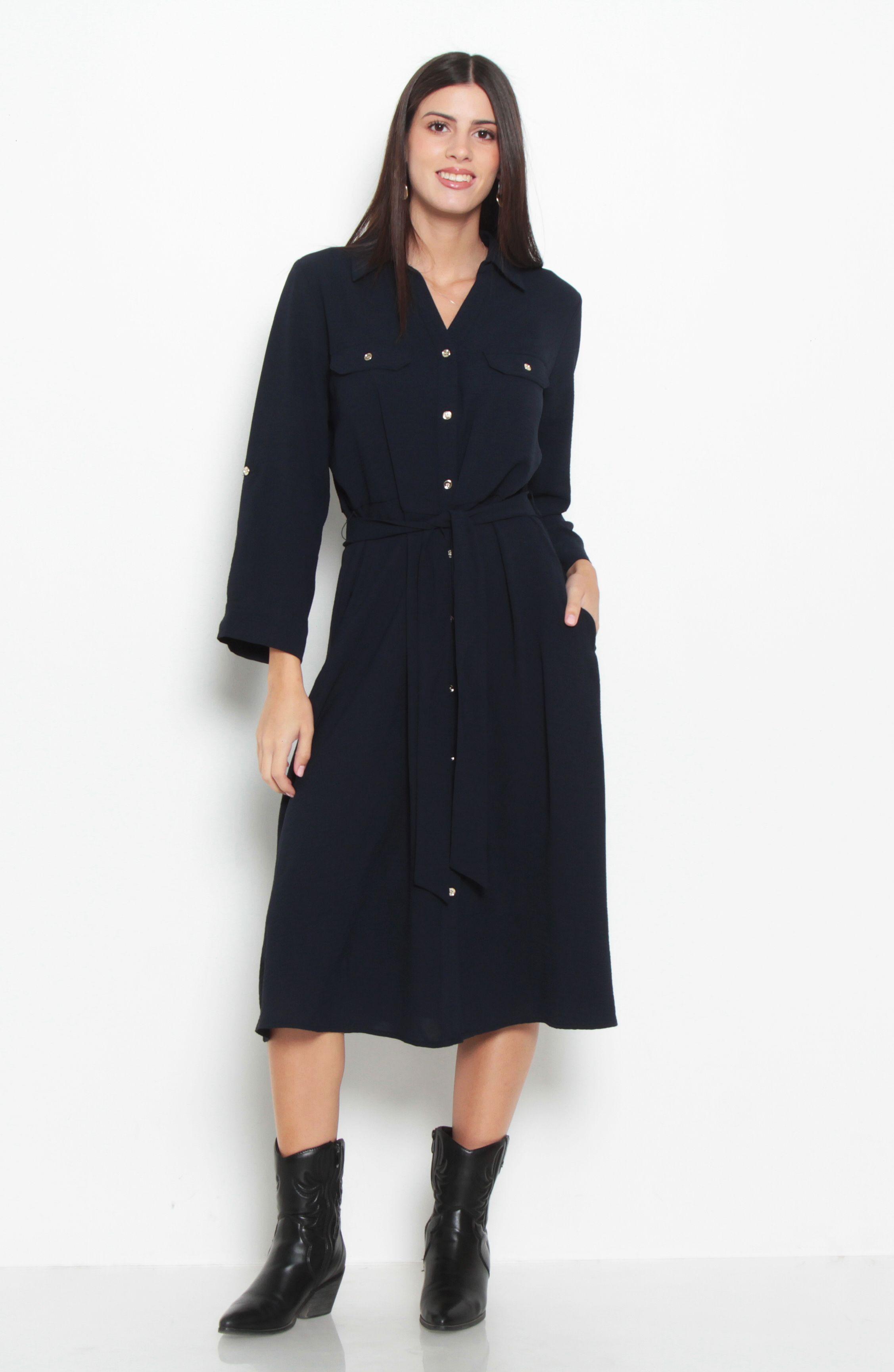 Vestido Manga Larga Escote V Con Lazo En Cintura||-1