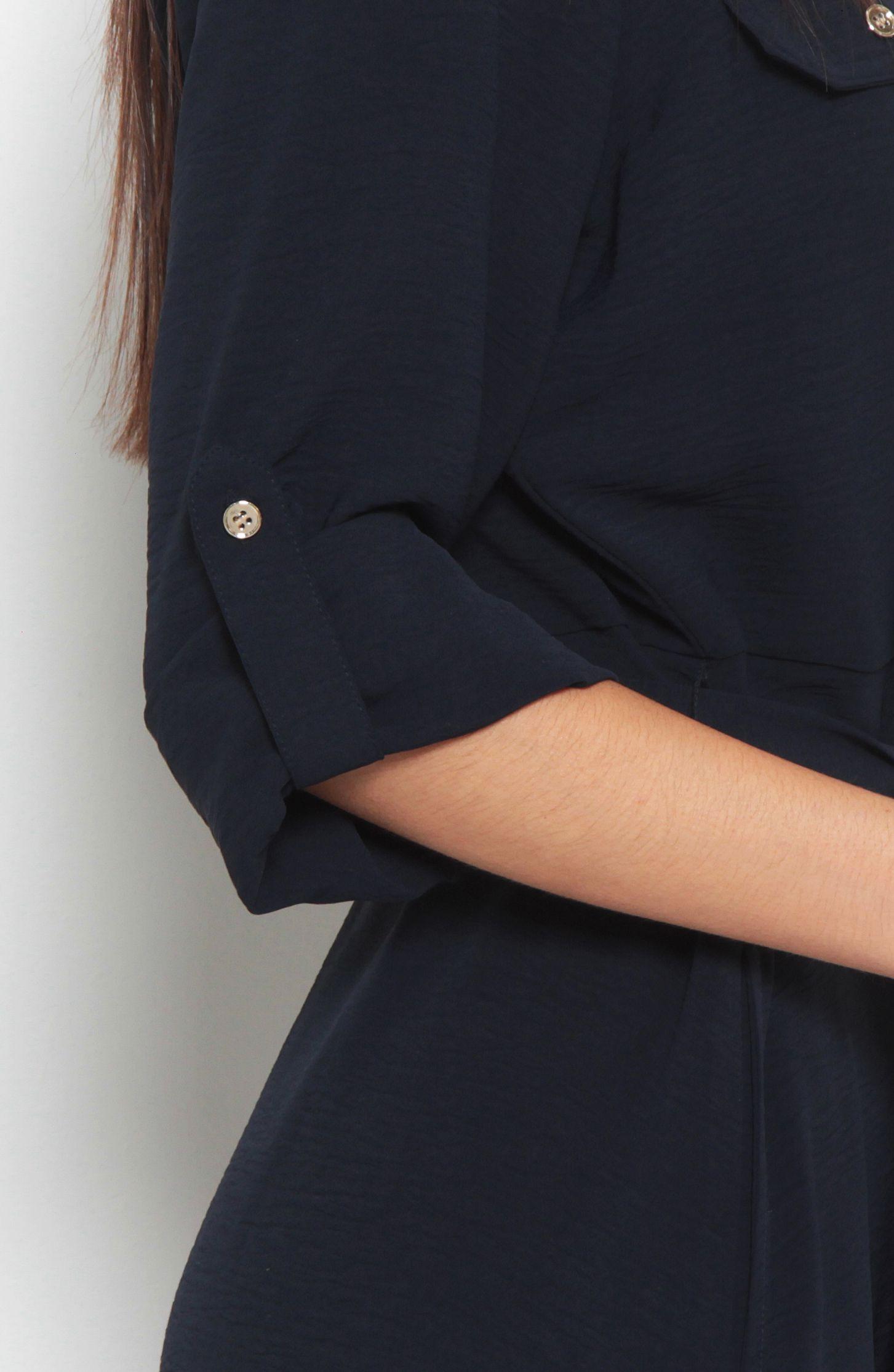 Vestido Manga Larga Escote V Con Lazo En Cintura||-4
