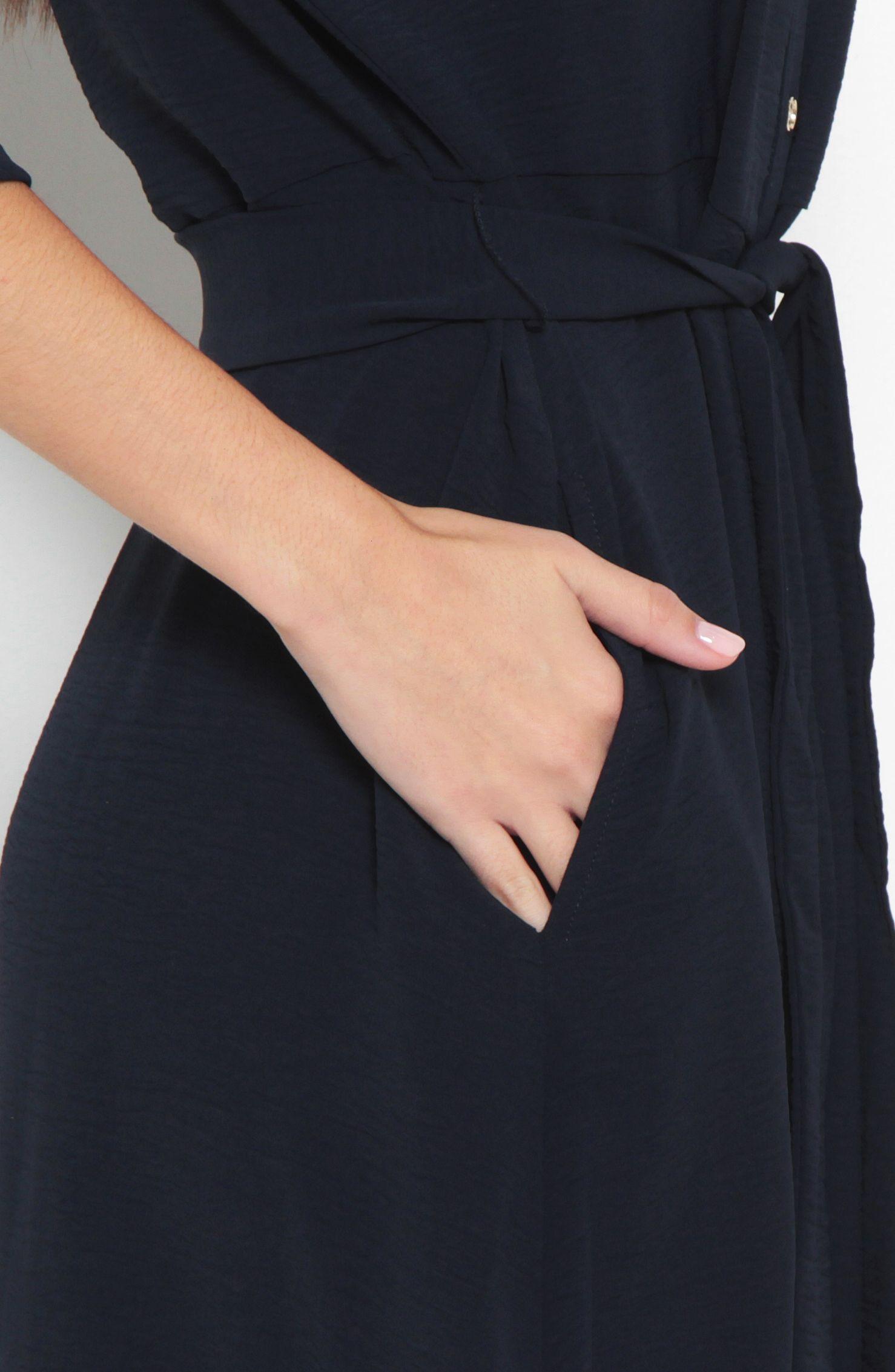 Vestido Manga Larga Escote V Con Lazo En Cintura||-5