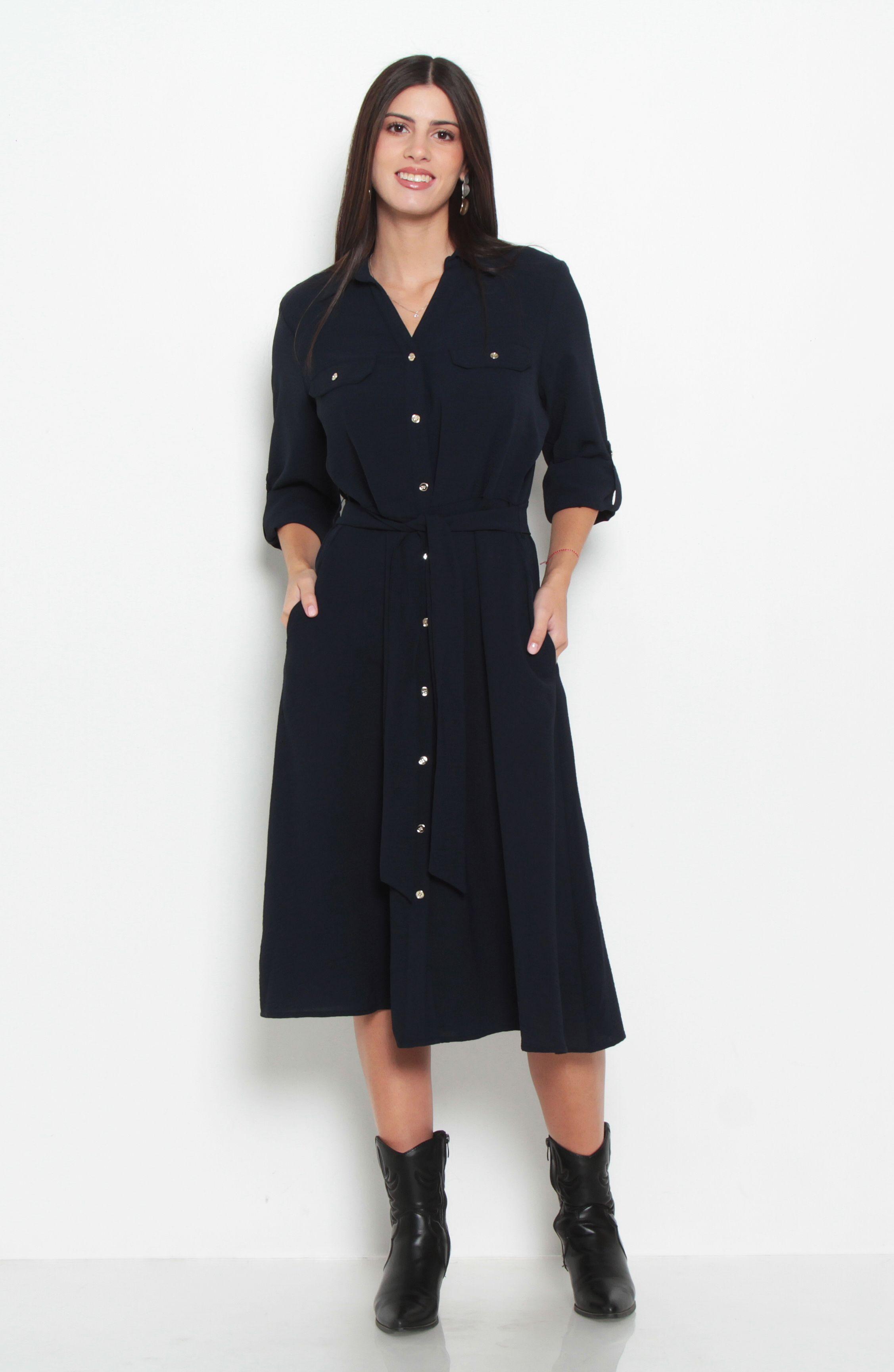 Vestido Manga Larga Escote V Con Lazo En Cintura||-6