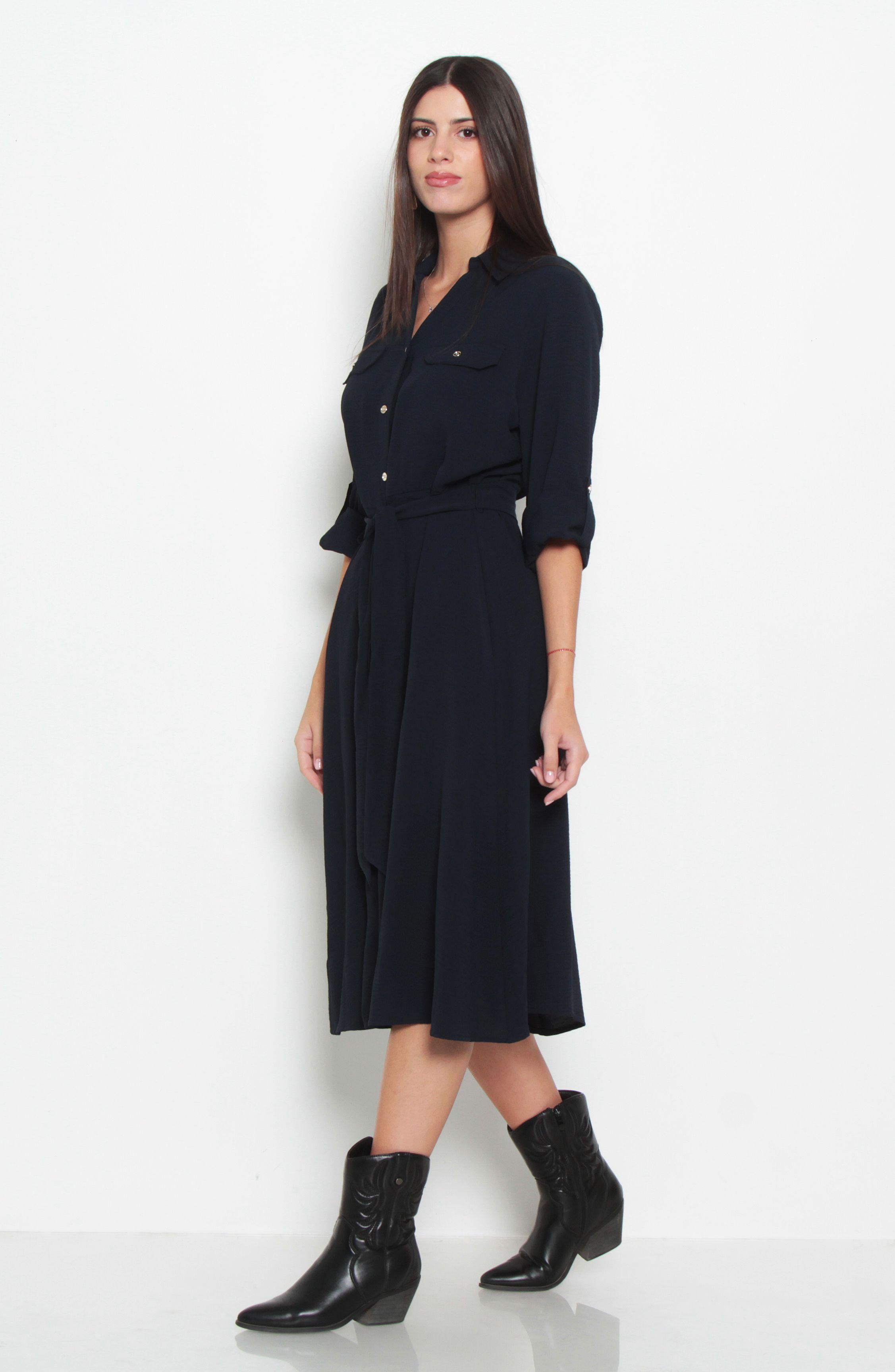 Vestido Manga Larga Escote V Con Lazo En Cintura||-7