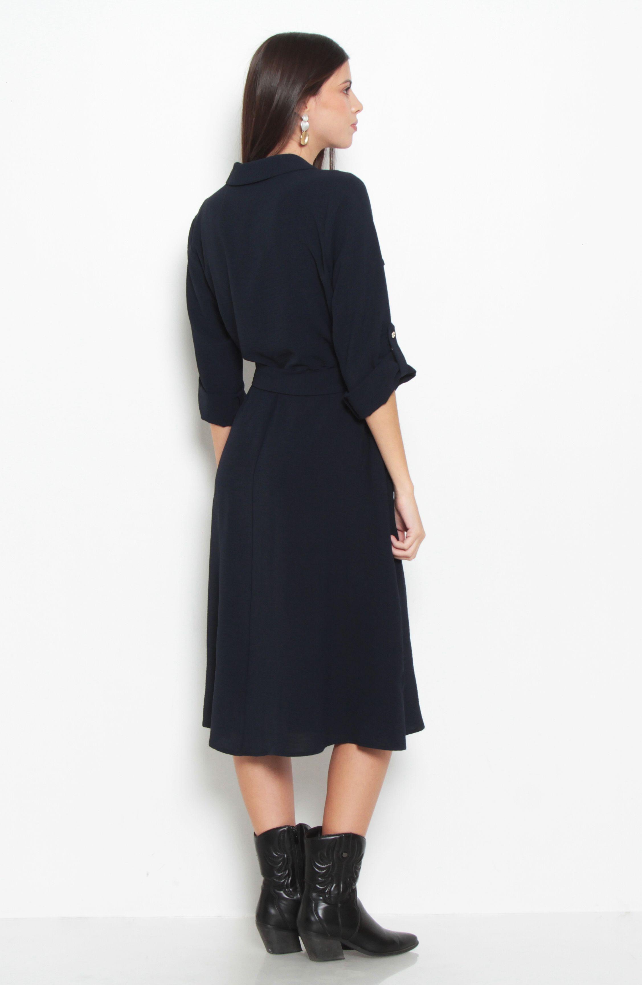 Vestido Manga Larga Escote V Con Lazo En Cintura||-8