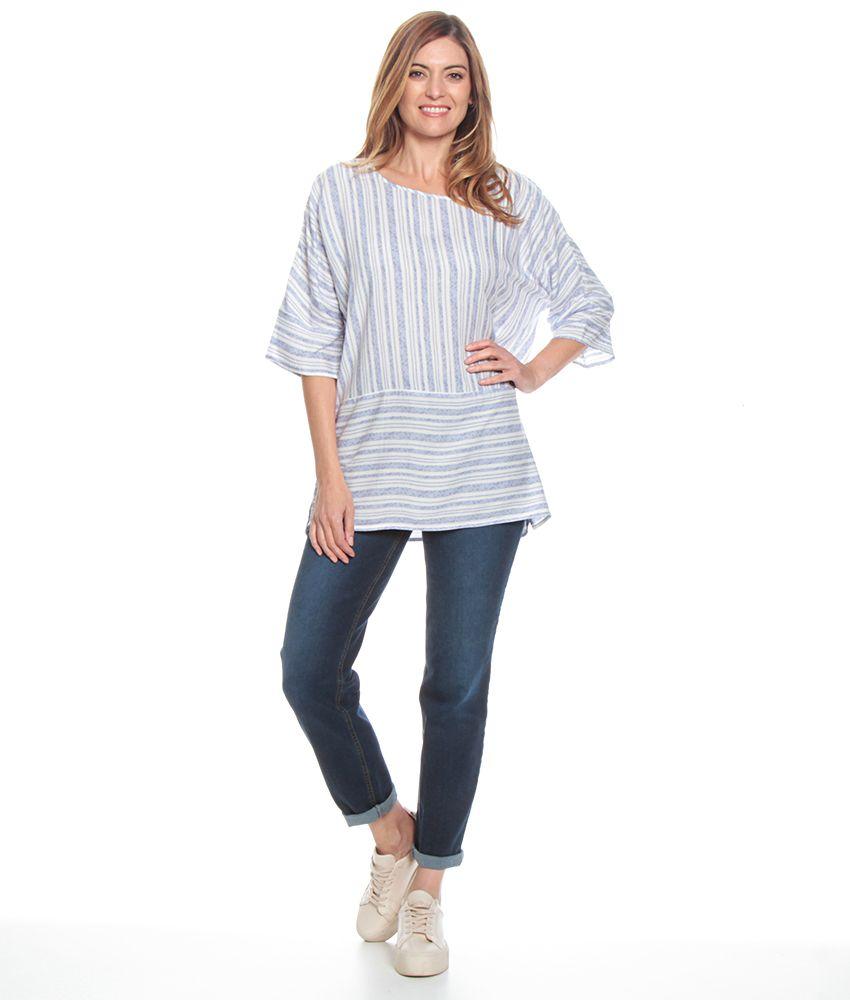Blusa M 3/4 Raglan  Listada Corte Irregular Escote Redondo-1