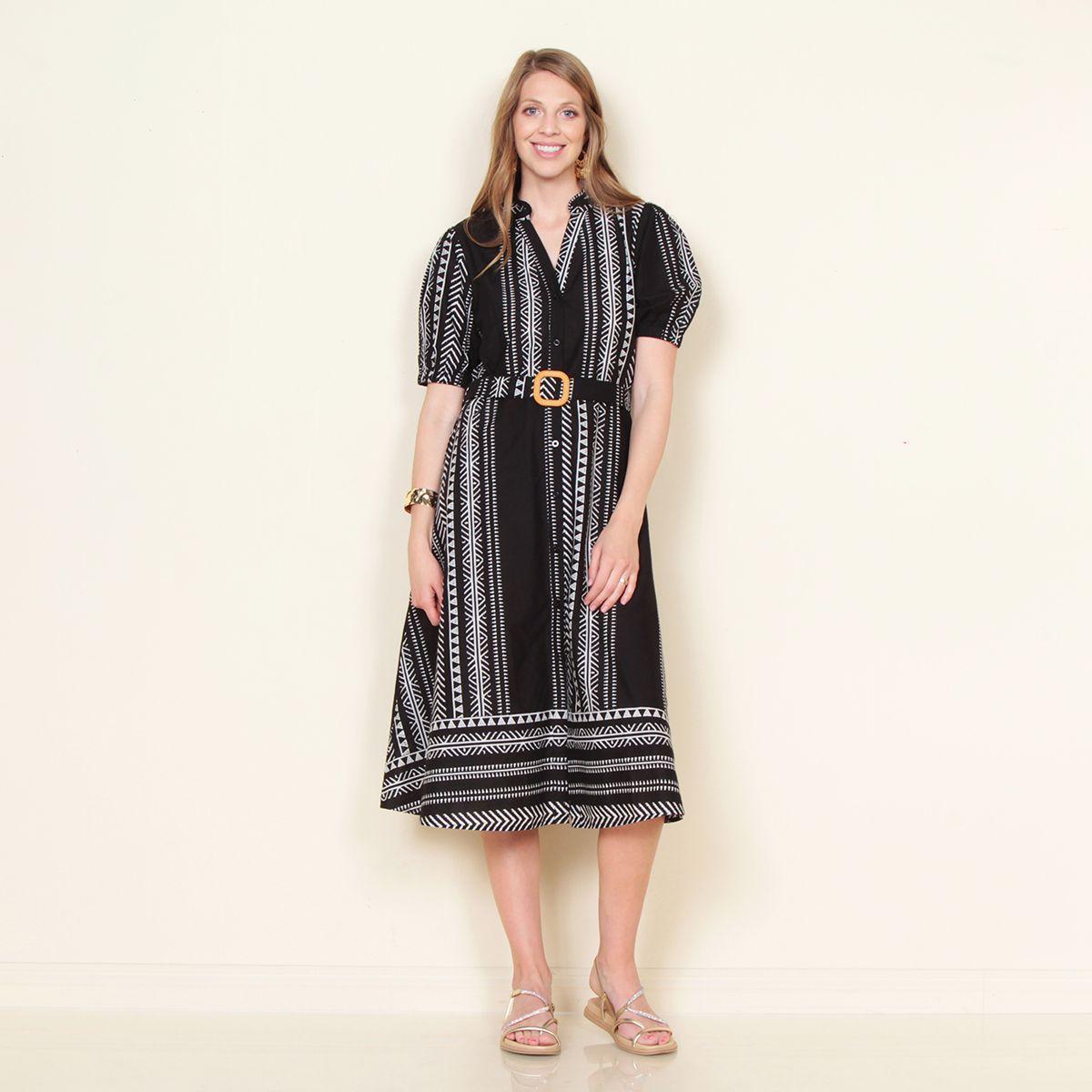 Vestido Manga Corta Estampado Con Cinturon Y Escote V-0