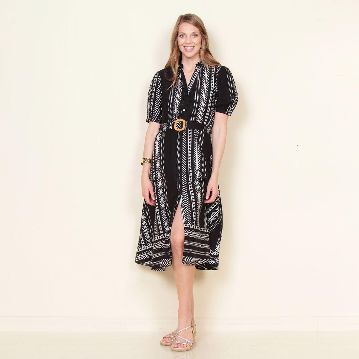 Vestido Manga Corta Estampado Con Cinturon Y Escote V-1