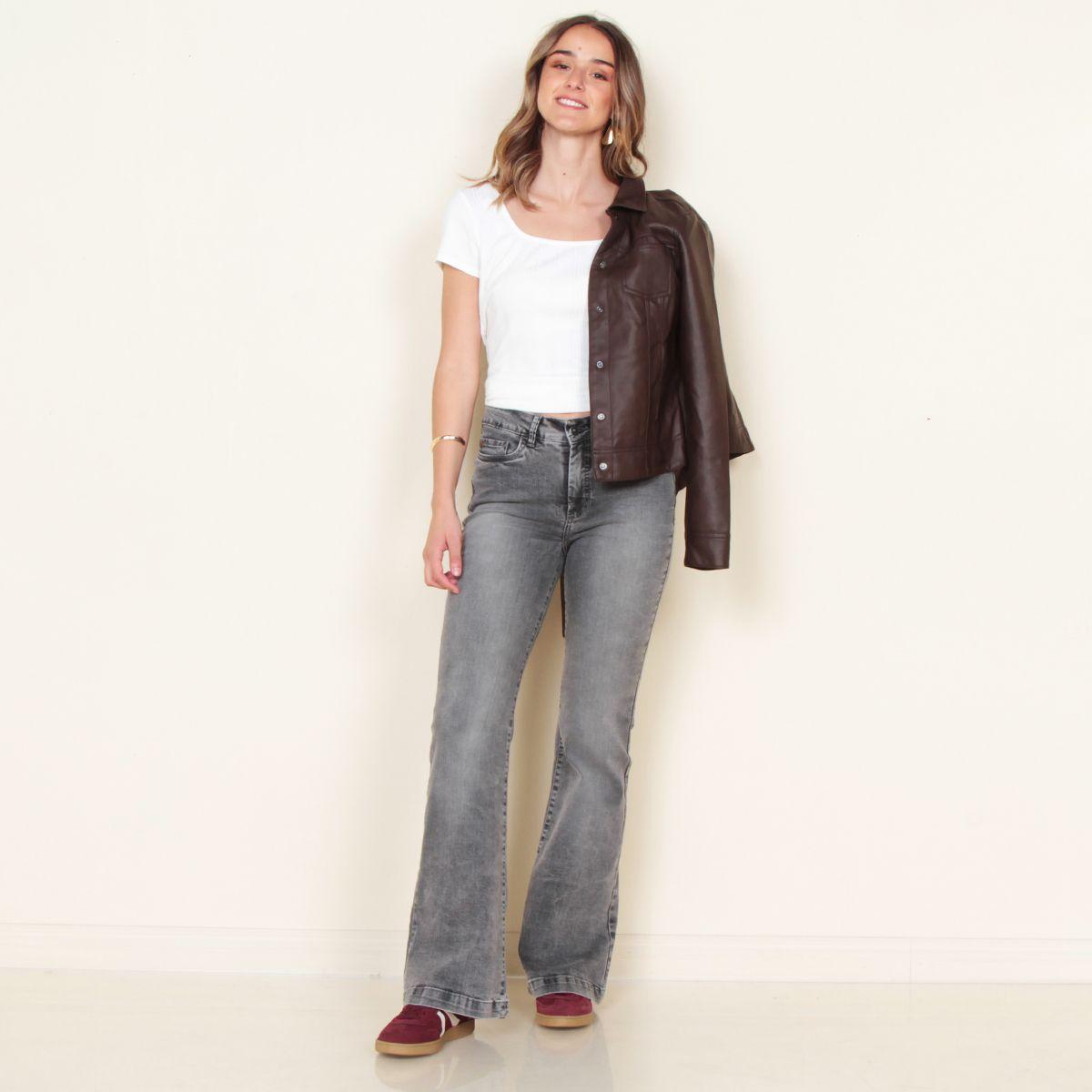 Jeans Flare Tiro Alto Pretina Basica 1 Boton Push Up-4