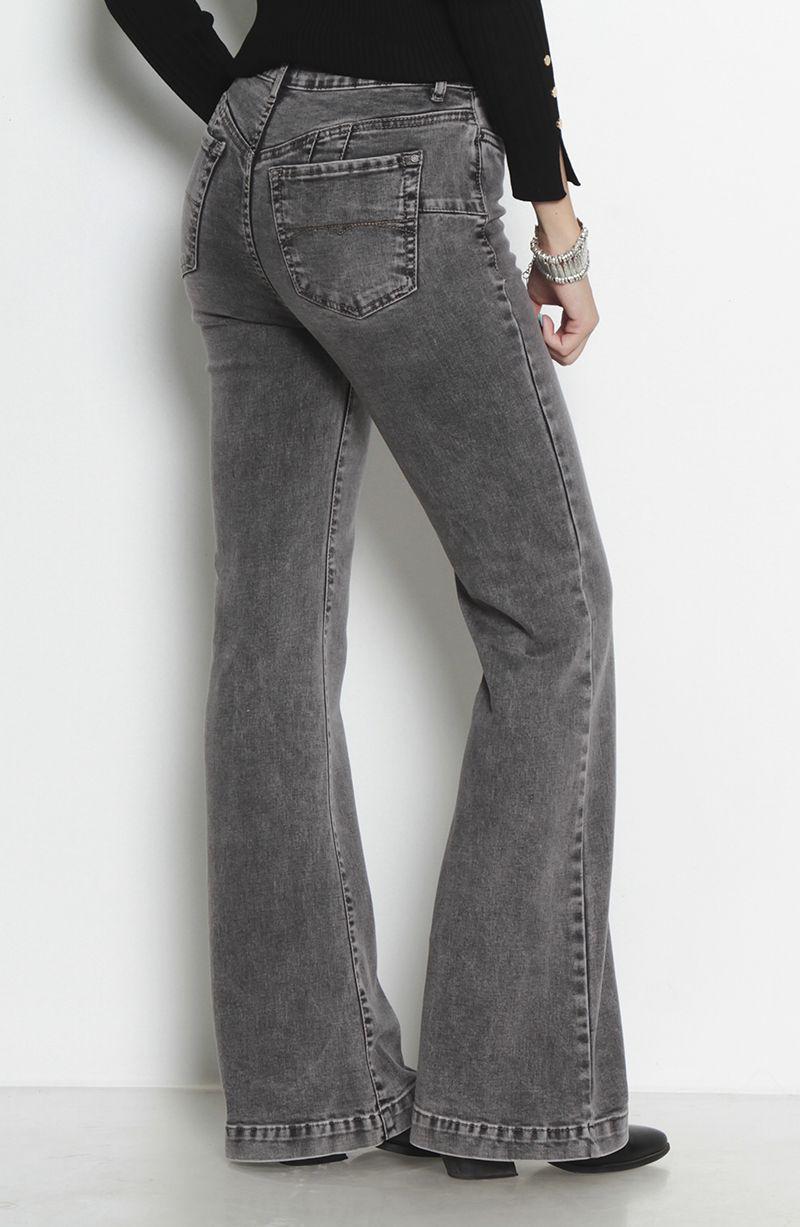 Jeans Flare Tiro Alto Pretina Basica 1 Boton Push Up-4