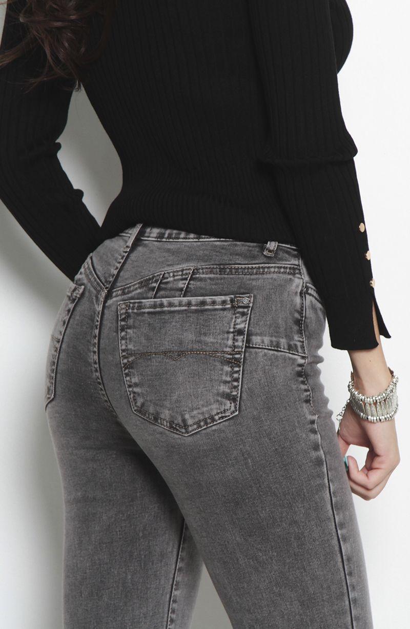 Jeans Flare Tiro Alto Pretina Basica 1 Boton Push Up-6