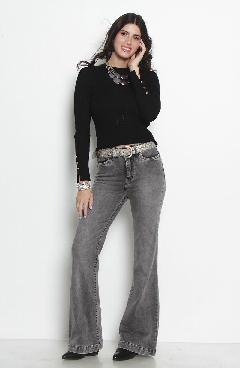 Jeans Flare Tiro Alto Pretina Basica 1 Boton Push Up-7