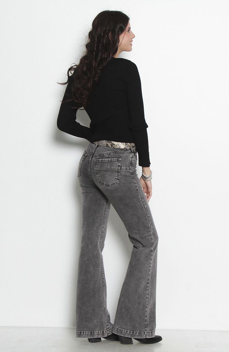 Jeans Flare Tiro Alto Pretina Basica 1 Boton Push Up-8