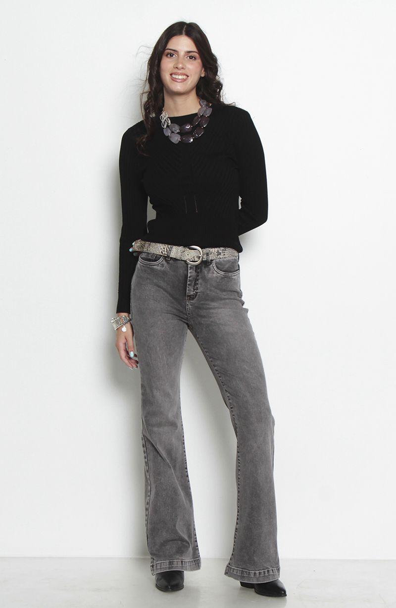 Jeans Flare Tiro Alto Pretina Basica 1 Boton Push Up-9