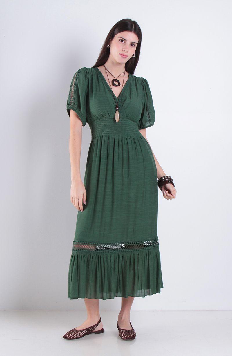 Vestido Manga Corta Con Cintura Elasticada Escote V-1