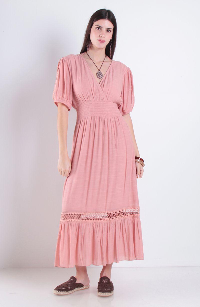 Vestido Manga Corta Con Cintura Elasticada Escote V-0