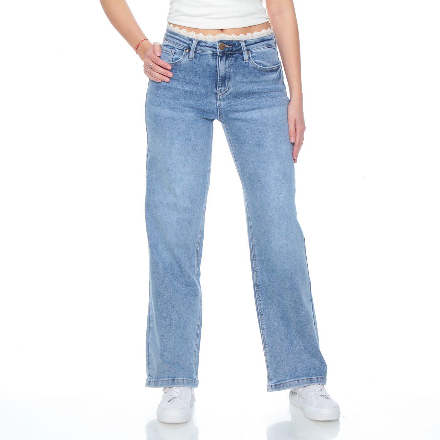 Jeans Wide Leg Tiro Medio Pretina Basica 1 Boton Con Aplicacion En Pre-0