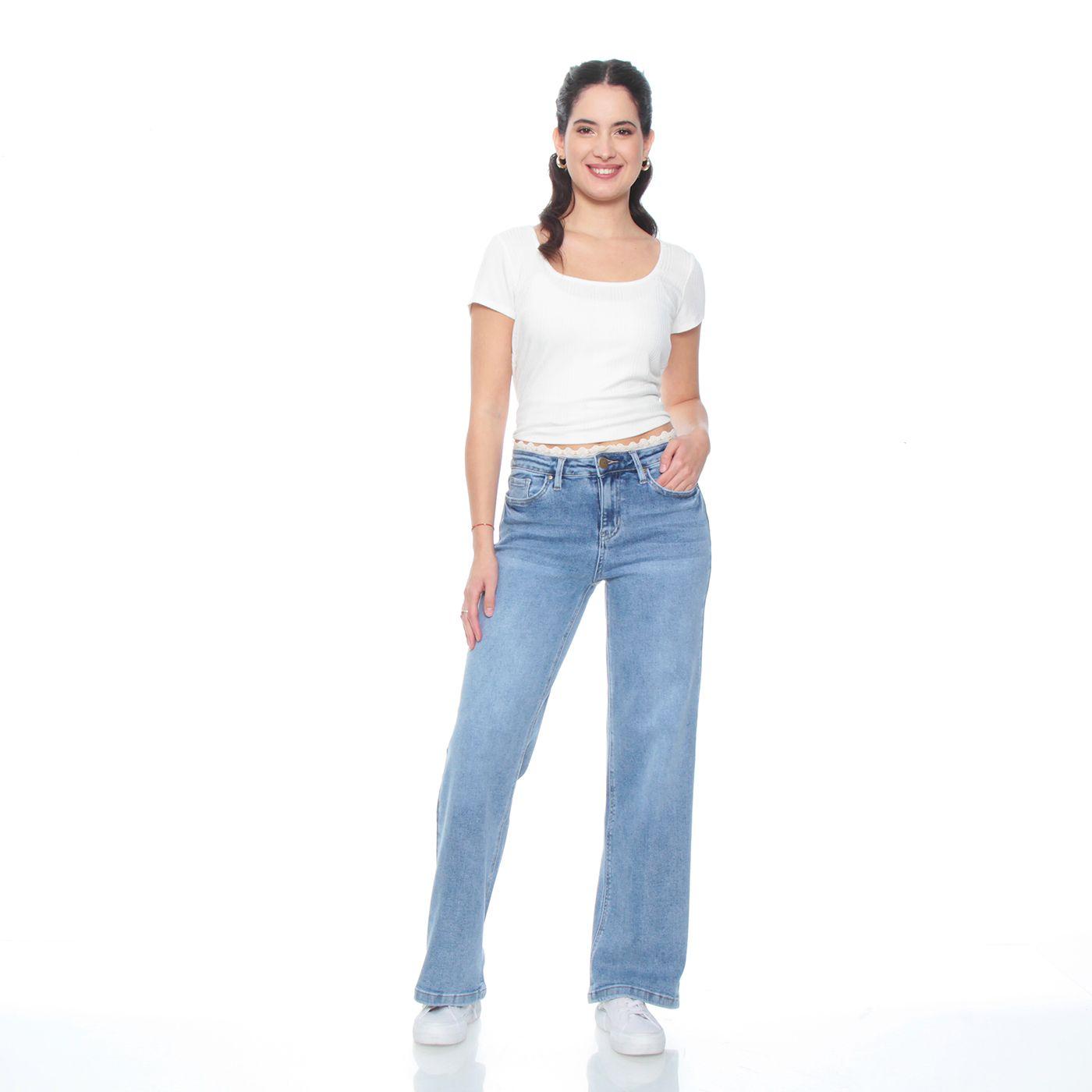 Jeans Wide Leg Tiro Medio Pretina Basica 1 Boton Con Aplicacion En Pre-3