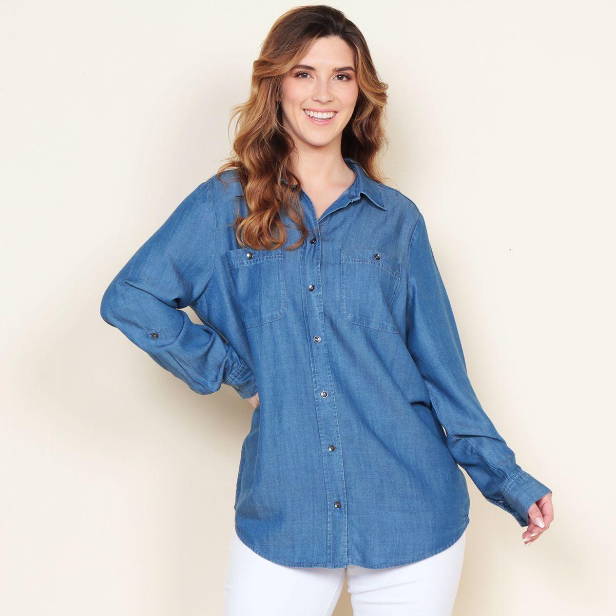 Blusa Manga Larga Lyocell Abotonado En Delantero Y Bolsillos-0