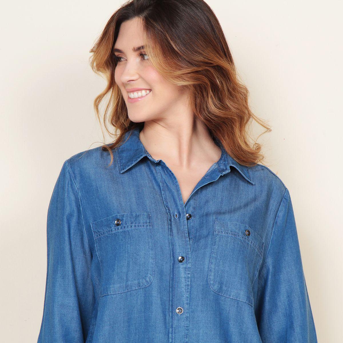 Blusa Manga Larga Lyocell Abotonado En Delantero Y Bolsillos-1