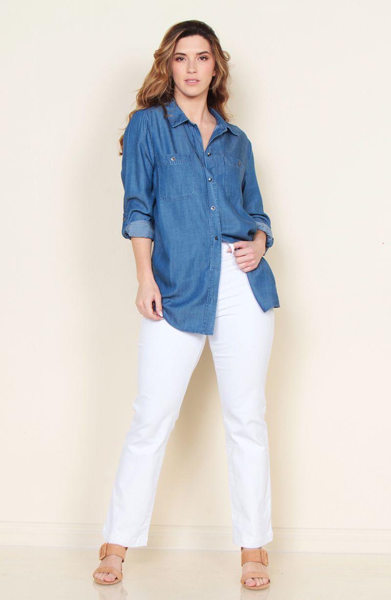 Blusa Manga Larga Lyocell Abotonado En Delantero Y Bolsillos-2