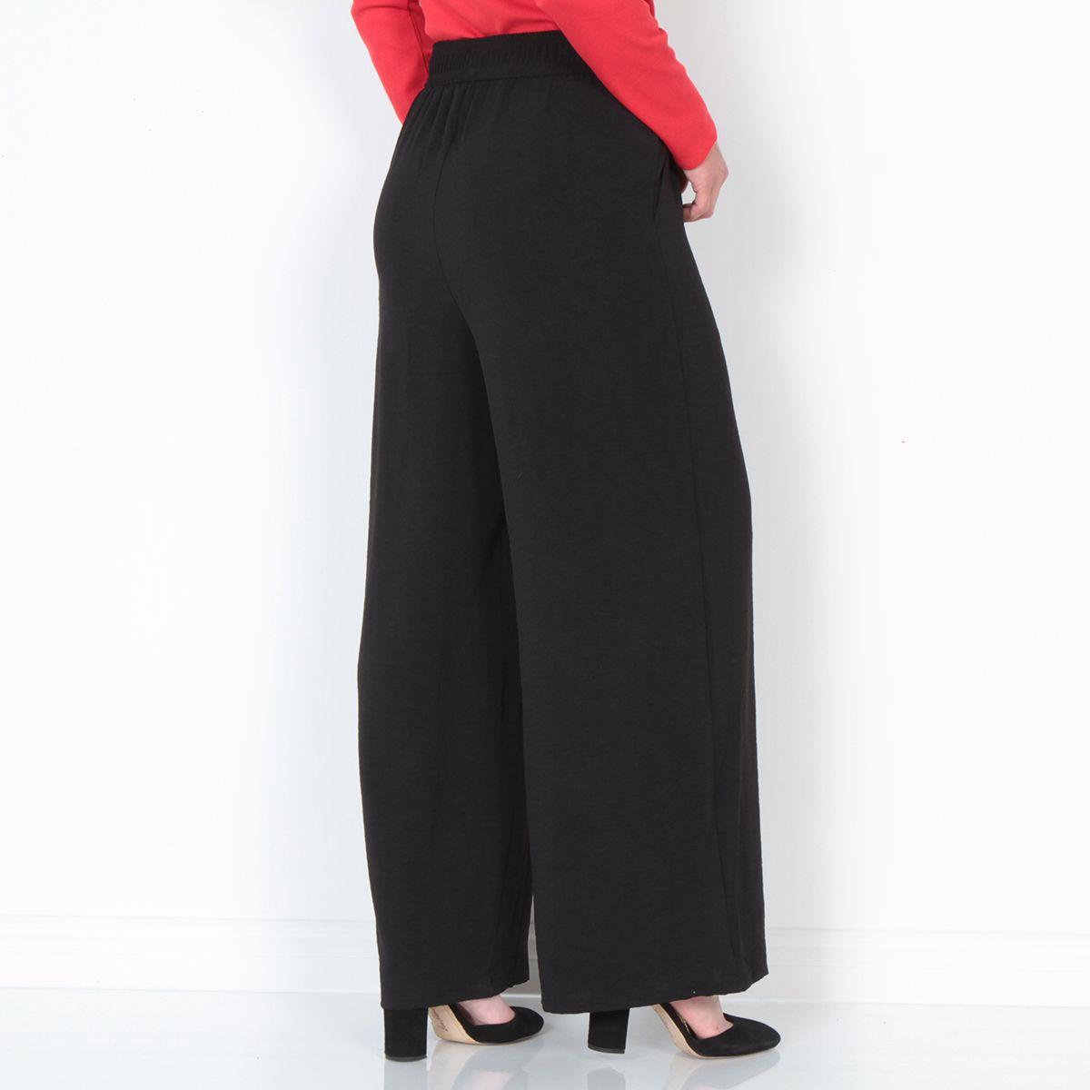 Pantalon Wide Leg Tiro Alto Solido Pretina Elasticada Con Bolsillo-1
