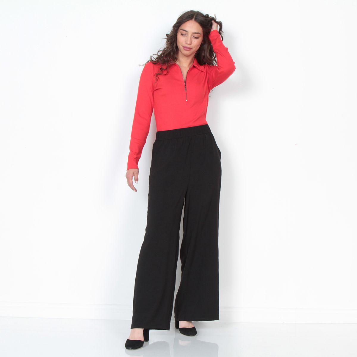 Pantalon Wide Leg Tiro Alto Solido Pretina Elasticada Con Bolsillo-3