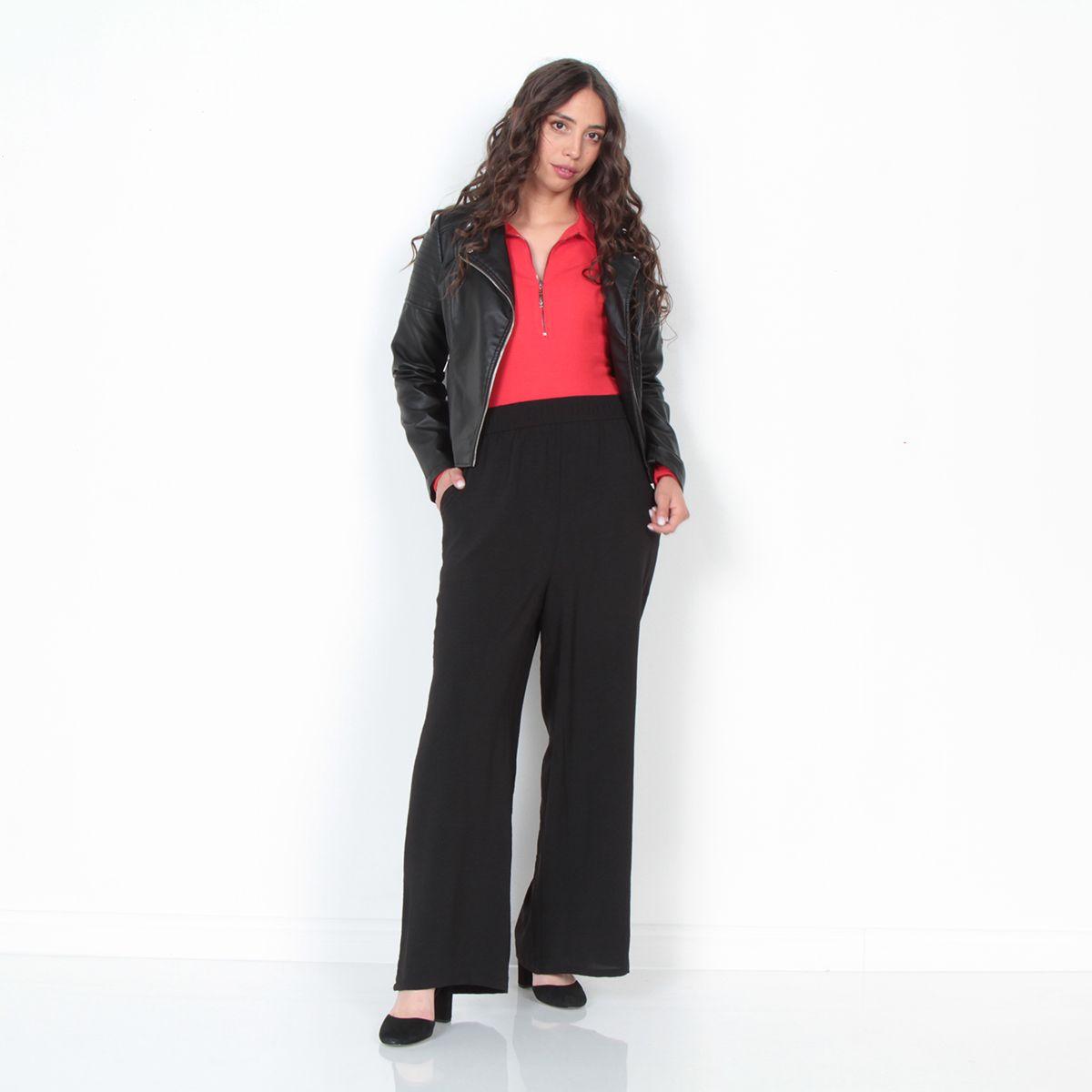 Pantalon Wide Leg Tiro Alto Solido Pretina Elasticada Con Bolsillo-4