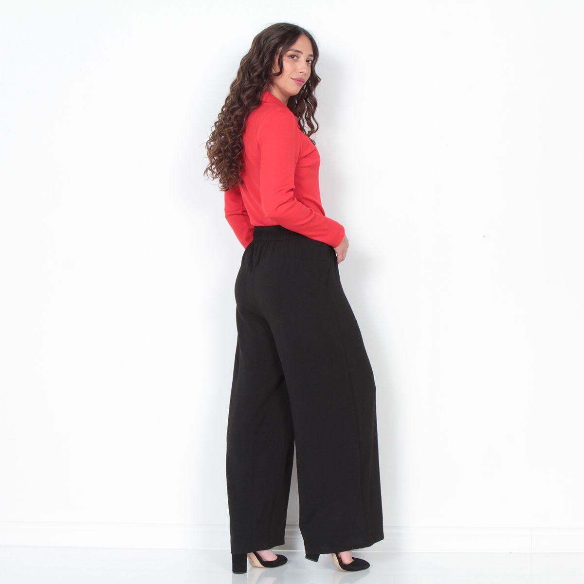 Pantalon Wide Leg Tiro Alto Solido Pretina Elasticada Con Bolsillo-5