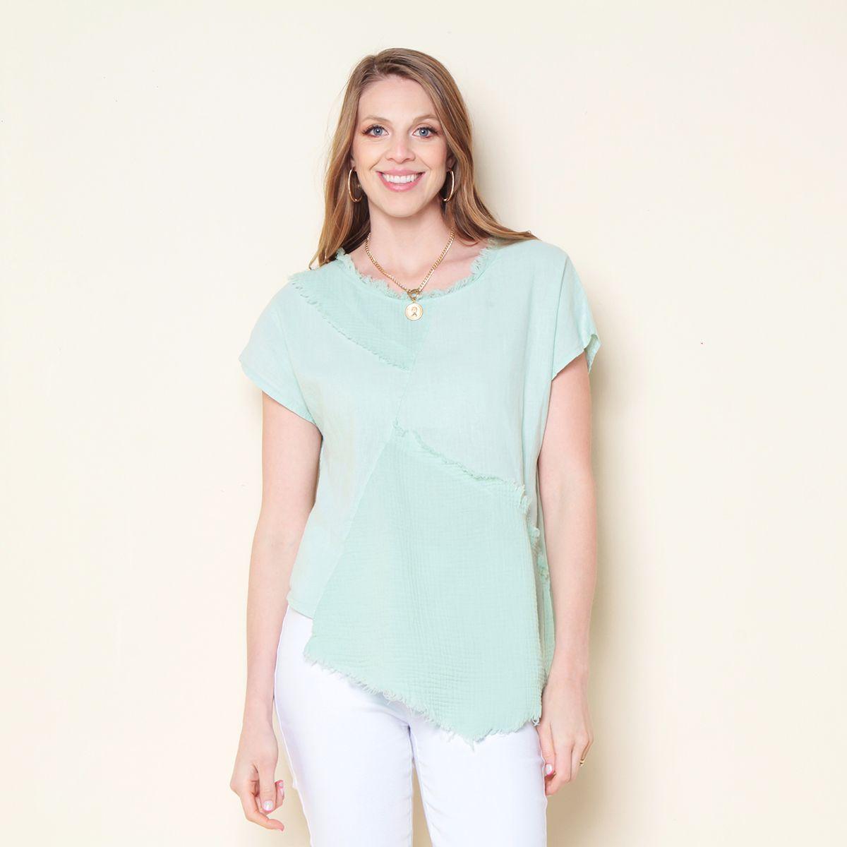 Blusa Lino Con Cortes Manga Corta Escote Redondo-0