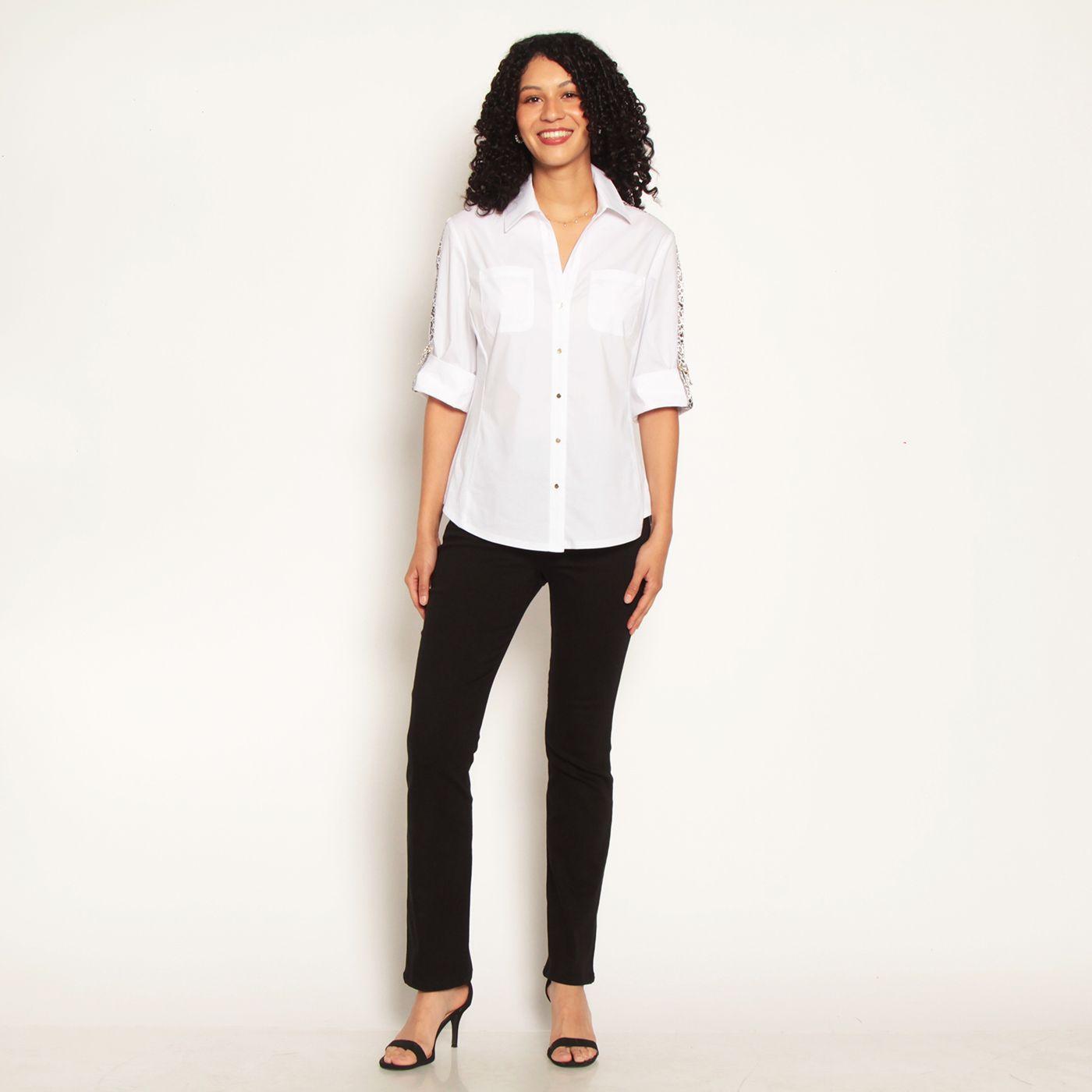 Blusa Manga 3/4 Abotonada En Delantero Tela Tejida En Costado Y Cinta-2