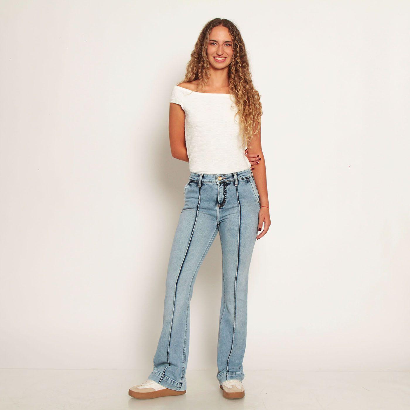 Jeans Flare Alforza Tiro Alto Pretina Basica 1 Boton-2