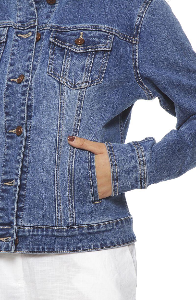 Chaqueta Denim Manga Larga Abotonada En Delantero Y Bolsillo-2