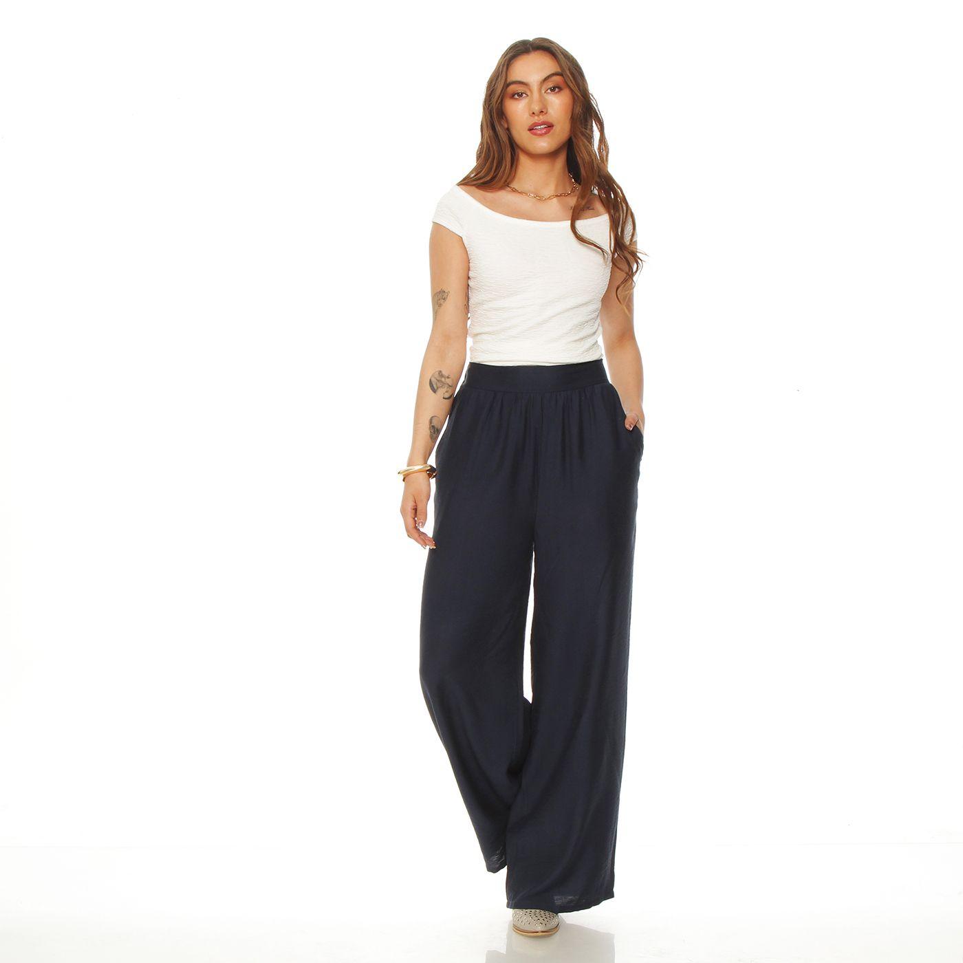 Pantalon Wide Leg Tiro Alto Con Pretina Elasticada Y Bolsillos-2