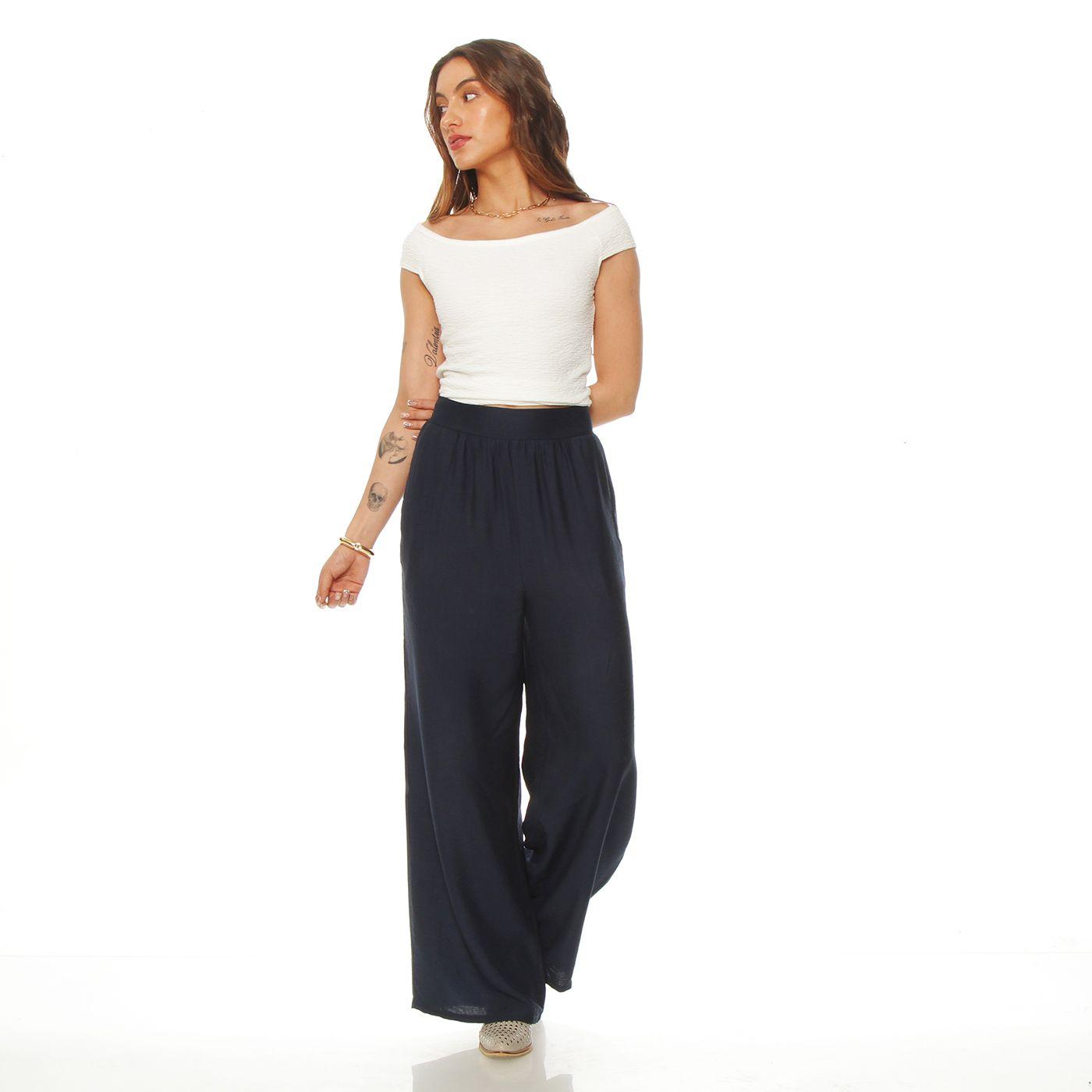 Pantalon Wide Leg Tiro Alto Con Pretina Elasticada Y Bolsillos-3