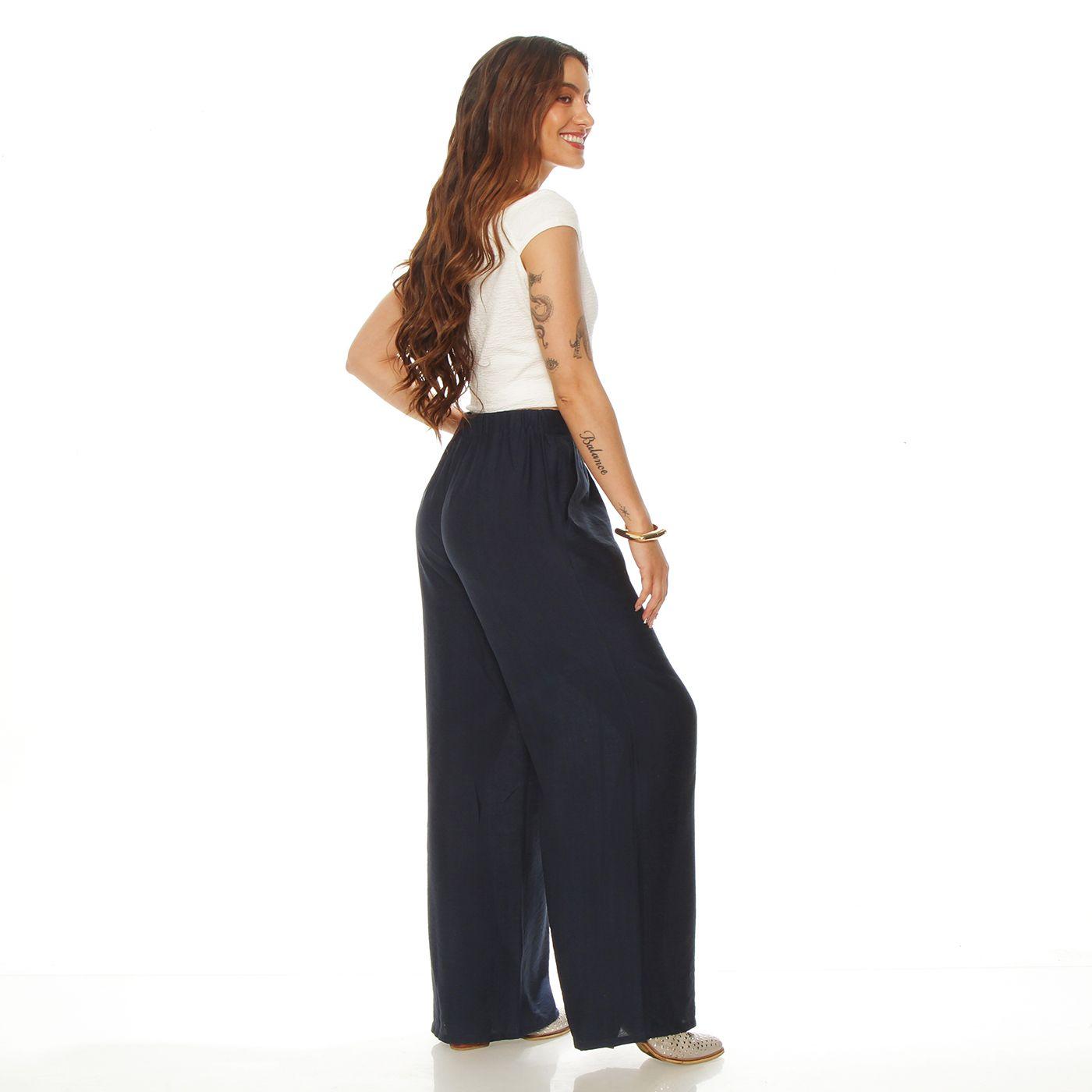 Pantalon Wide Leg Tiro Alto Con Pretina Elasticada Y Bolsillos-4