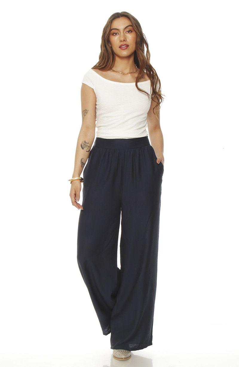 Pantalon Wide Leg Tiro Alto Con Pretina Elasticada Y Bolsillos-2