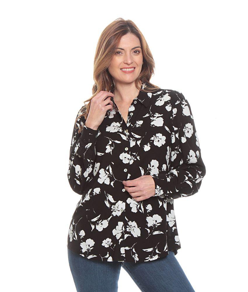 Blusa Manga Larga Estampada Cuello Camisero Botones Delantero-0