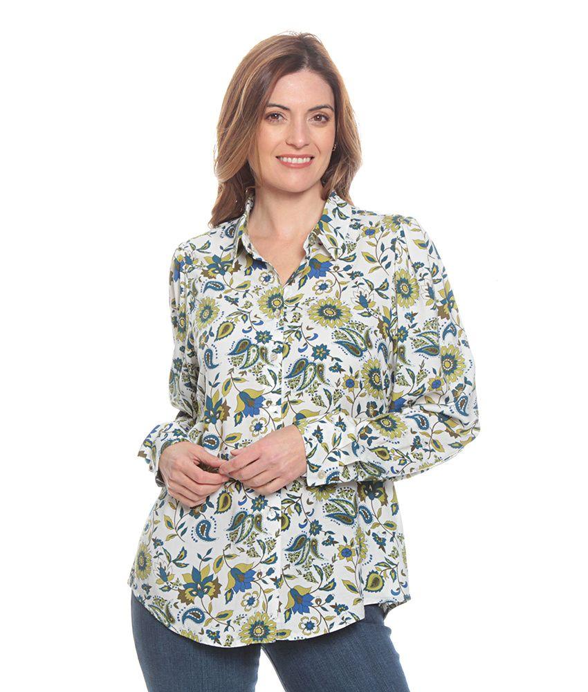Blusa Manga Larga Estampada Cuello Camisero Botones Delantero-0