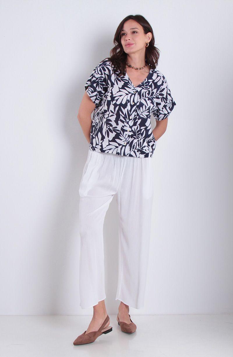 Blusa Estampada Manga Corta Escote V Abotonada En Delantero-2