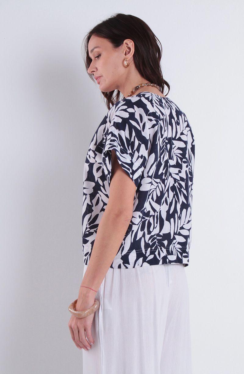 Blusa Estampada Manga Corta Escote V Abotonada En Delantero-3