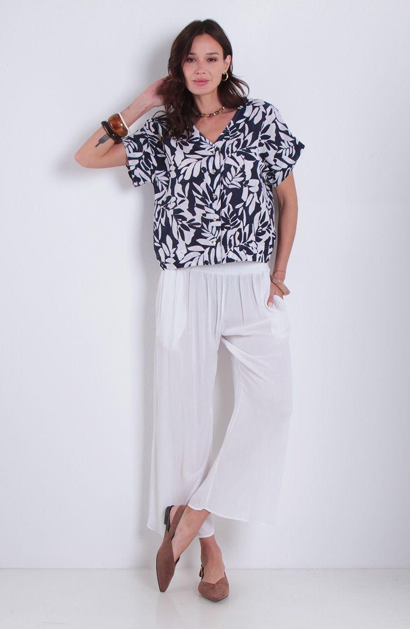 Blusa Estampada Manga Corta Escote V Abotonada En Delantero-4