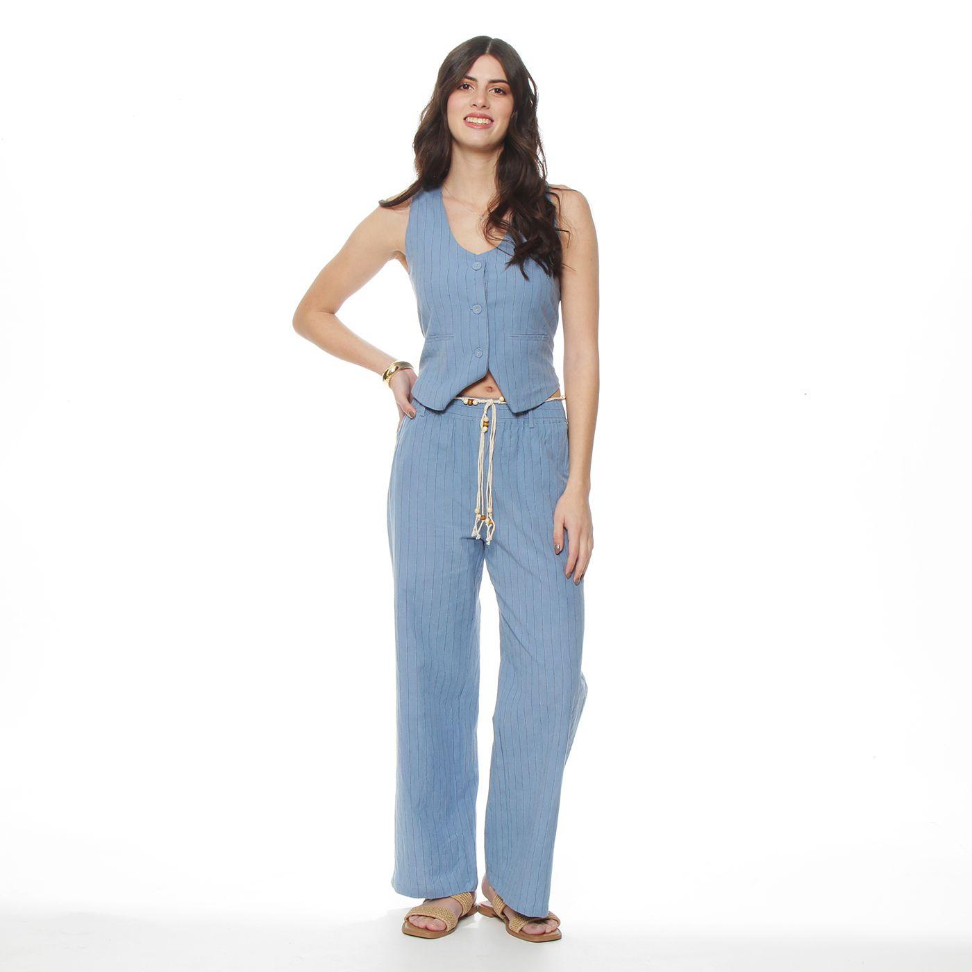 Pantalon Wide Leg Lino Listado Con Cintura Elasticada-3