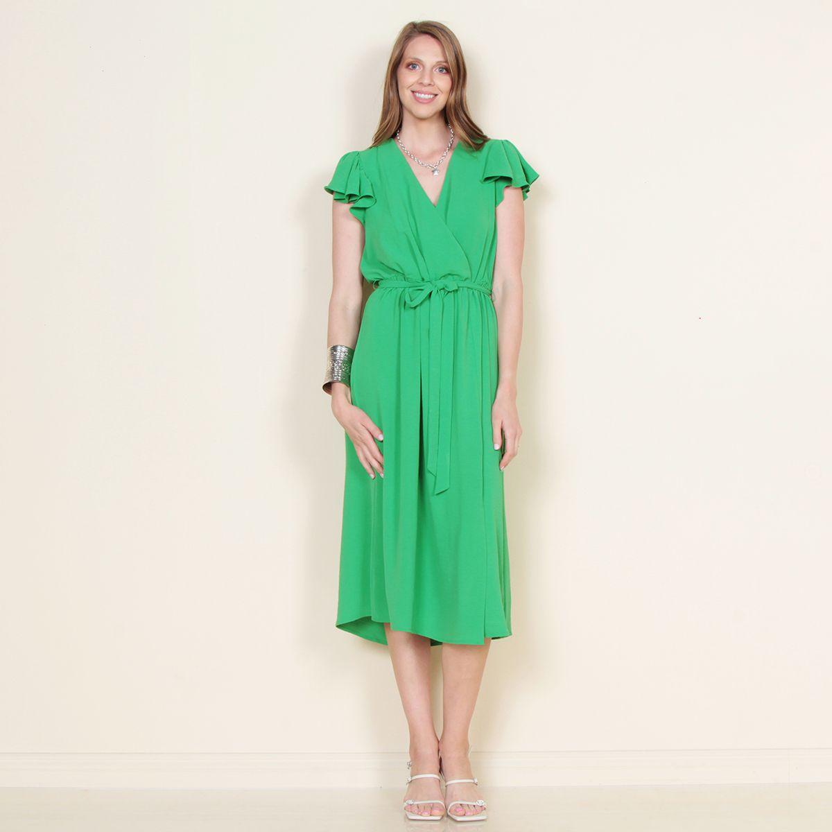 Vestido Manga Corta Solido Con Lazo En Cintura Escote V-0