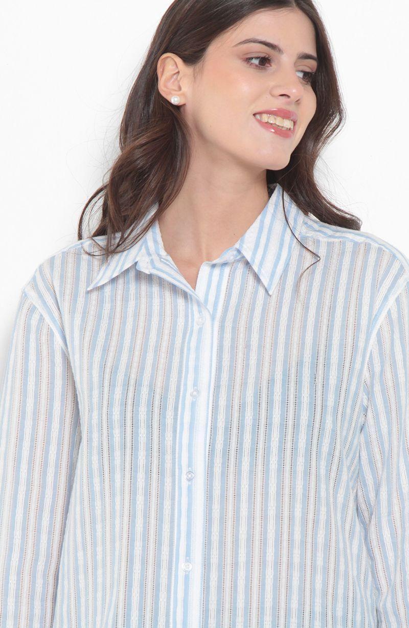 Blusa Manga Larga Listada Abotonada En Delantero-1