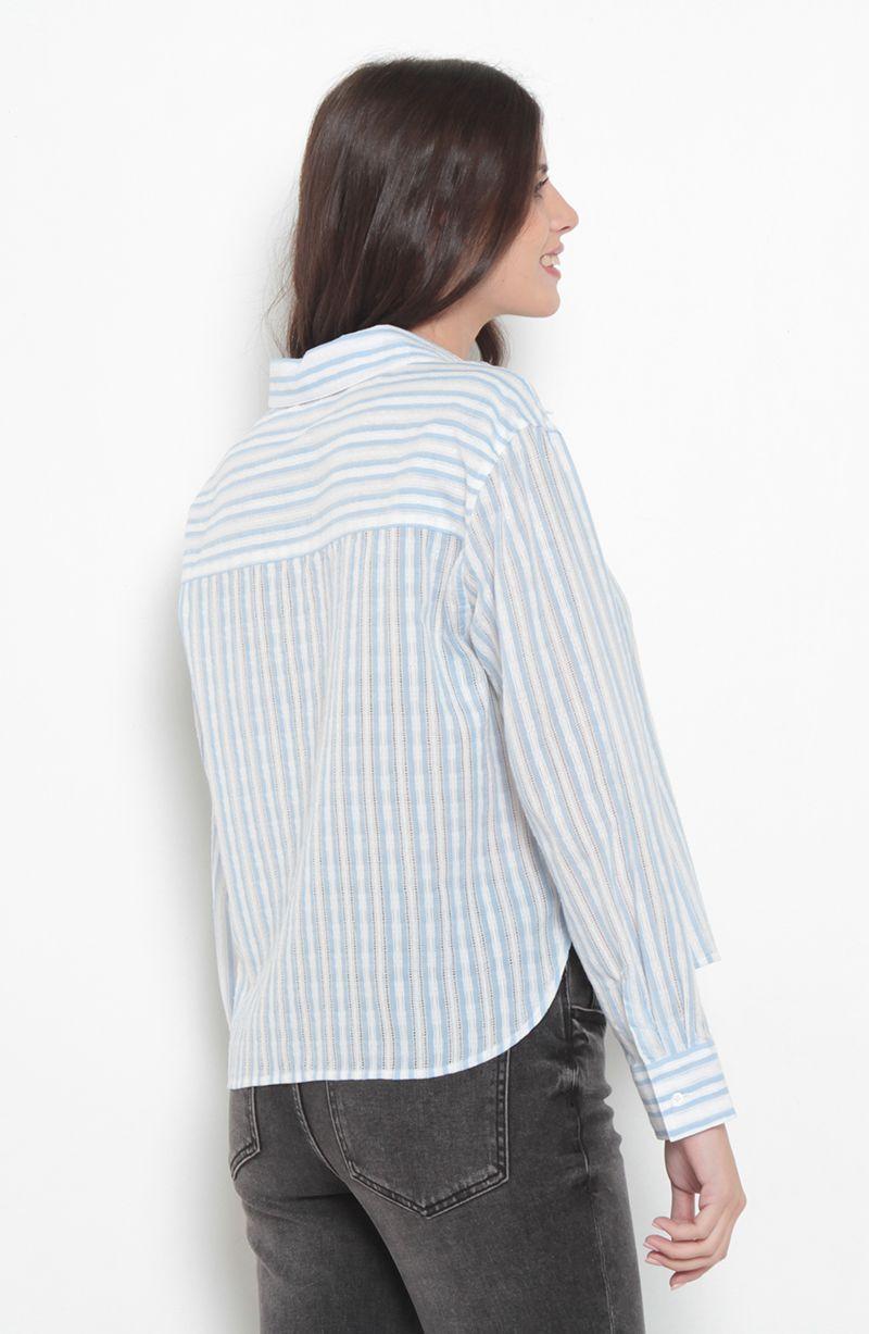 Blusa Manga Larga Listada Abotonada En Delantero-2