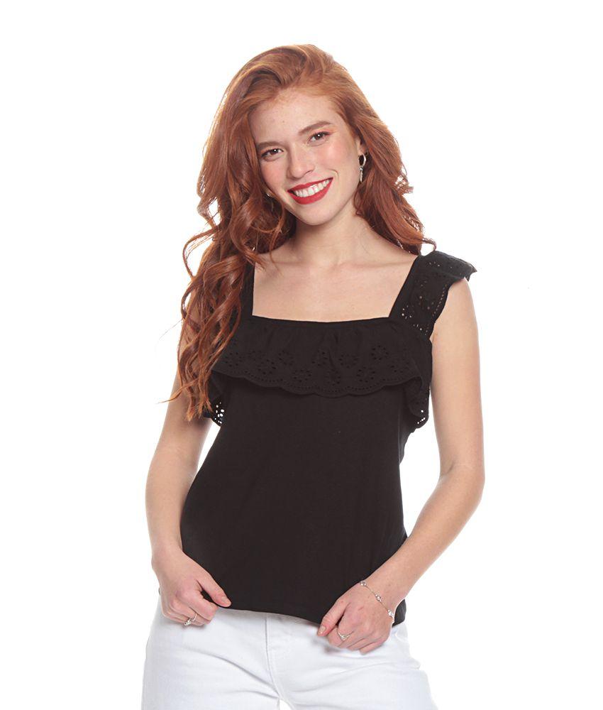 Polera Sin Manga Solida Con Aplicacion Broderie-0