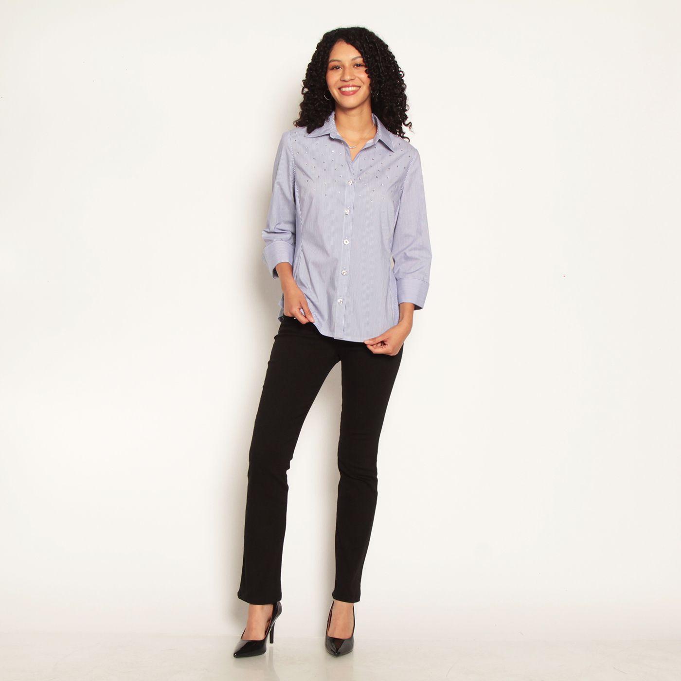 Blusa Manga 3/4 Listida Con Boton Brillante Y Aplicacion De Strass-2