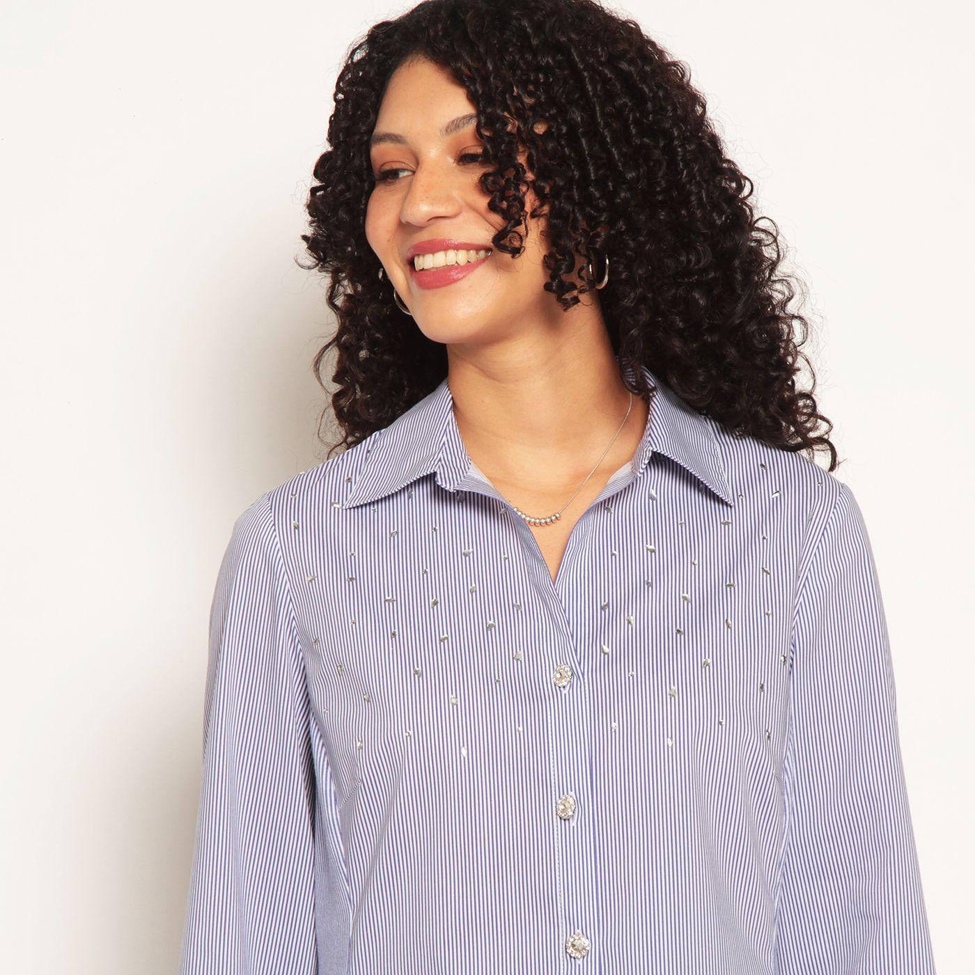 Blusa Manga 3/4 Listida Con Boton Brillante Y Aplicacion De Strass-3