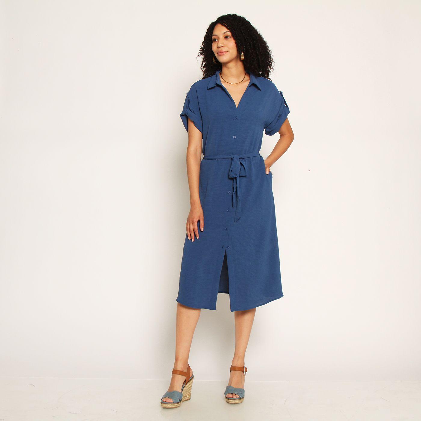 Vestido Manga Corta Abotonada En Delantero Con Lazo En Cintura-2