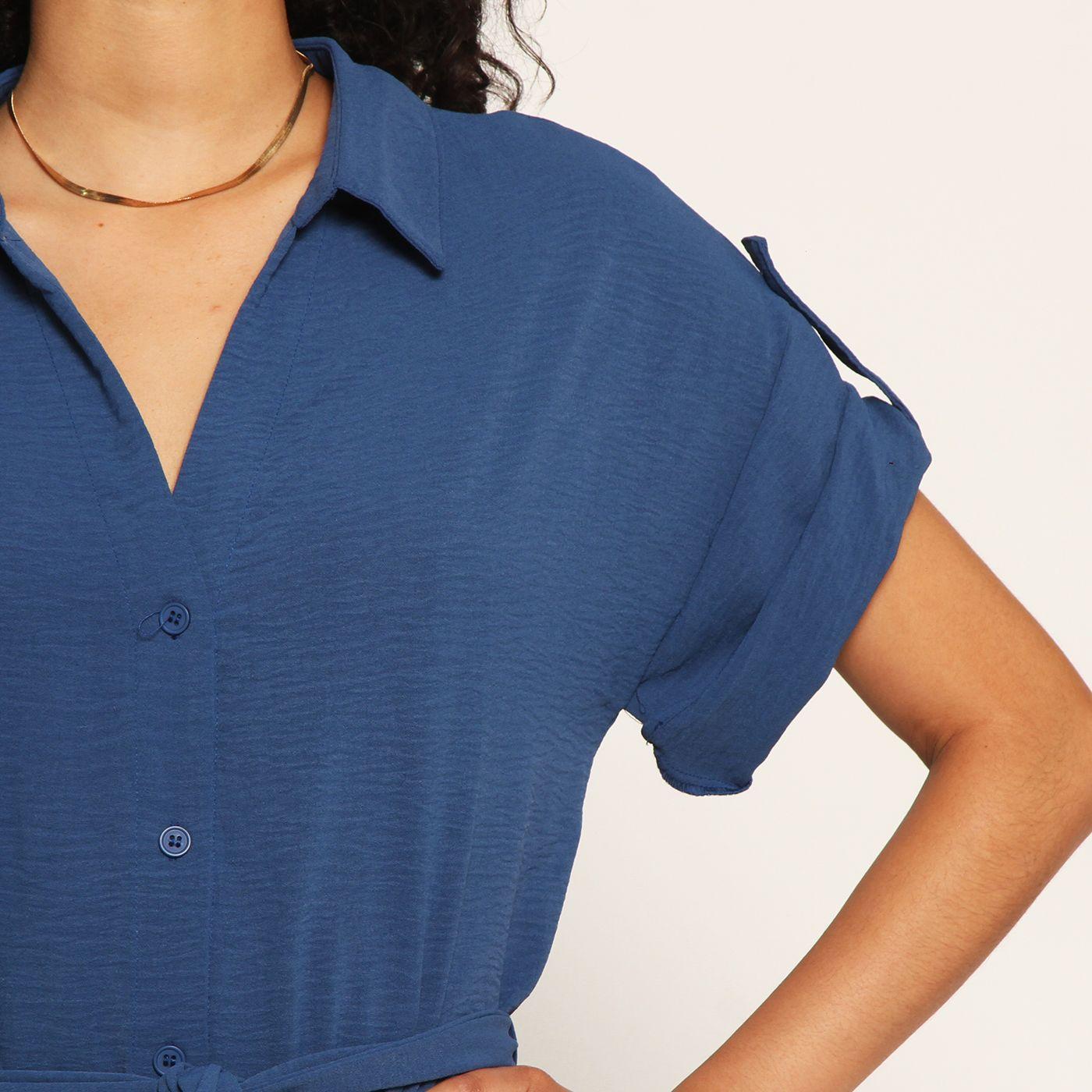 Vestido Manga Corta Abotonada En Delantero Con Lazo En Cintura-4